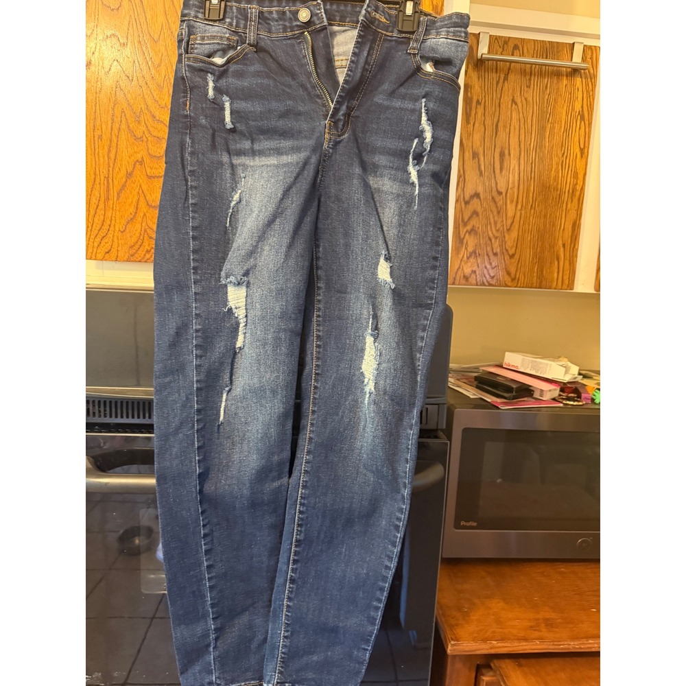 SHEIN Distressed Skinny Jeans Dark‎ Wash Ripped Denim Womens Size L 8/10